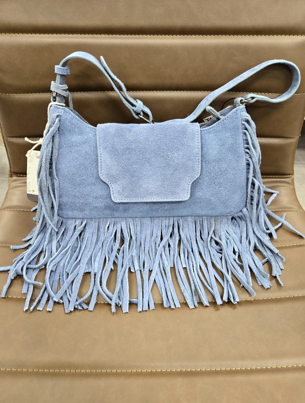 Haute Hippie Blue Suede Fringe Shoulder Handbag - Picture 6 of 6